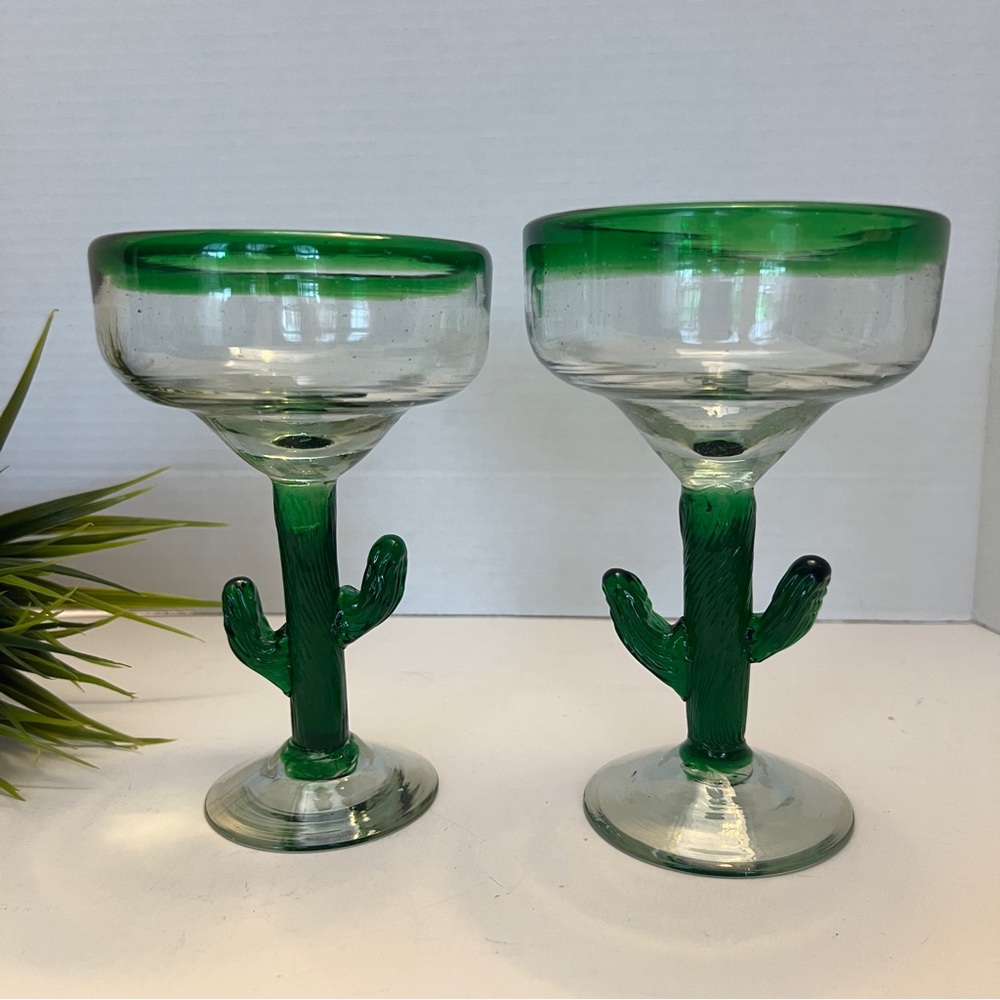 2 Vintage Artisan Hand Blown Glass Cactus Stem Margarita Glasses